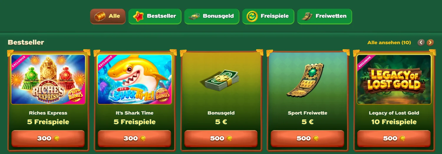 GreenLuck Casino Münzshop: Aufgaben abschließen und Münzen gegen Prämien bis 1.000 € eintauschen