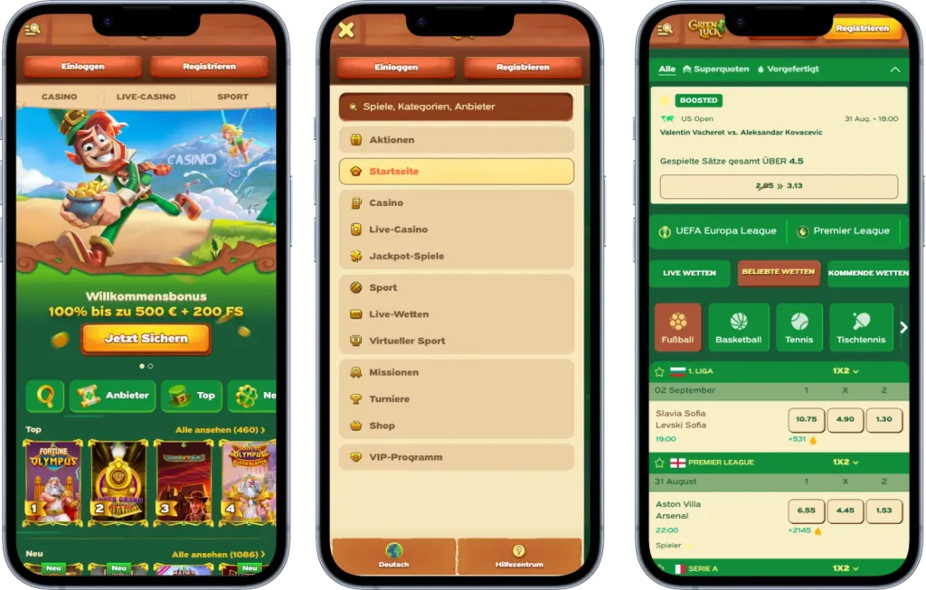 GreenLuck mobile Casino-Version mit Spielauswahl und Sportwetten