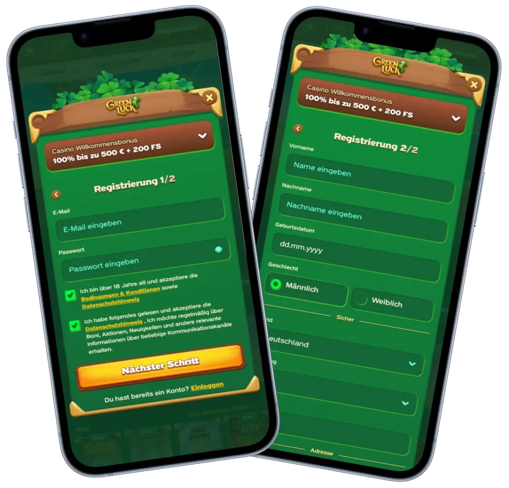 GreenLuck Registrierung und Kontoeröffnung auf dem Smartphone