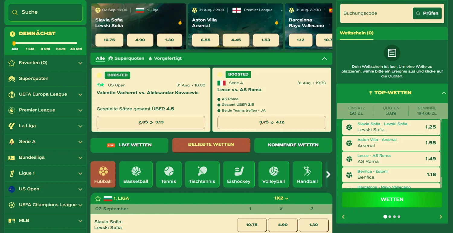 GreenLuck Casino Sportwetten: Fußball, Tennis und virtuelle Wettbewerbe mit 100 € Startbonus